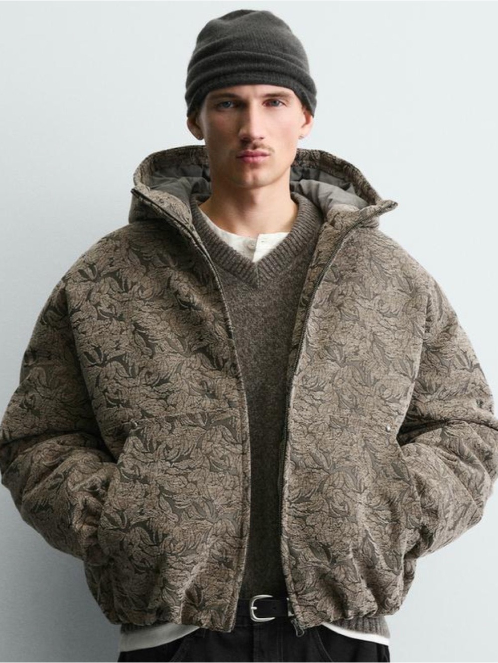 Zara Man Jacquard Floral Print Puffer Jacket Hooded Men’s Size Medium